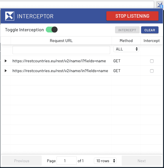 Interceptor showing a list of listened requests
