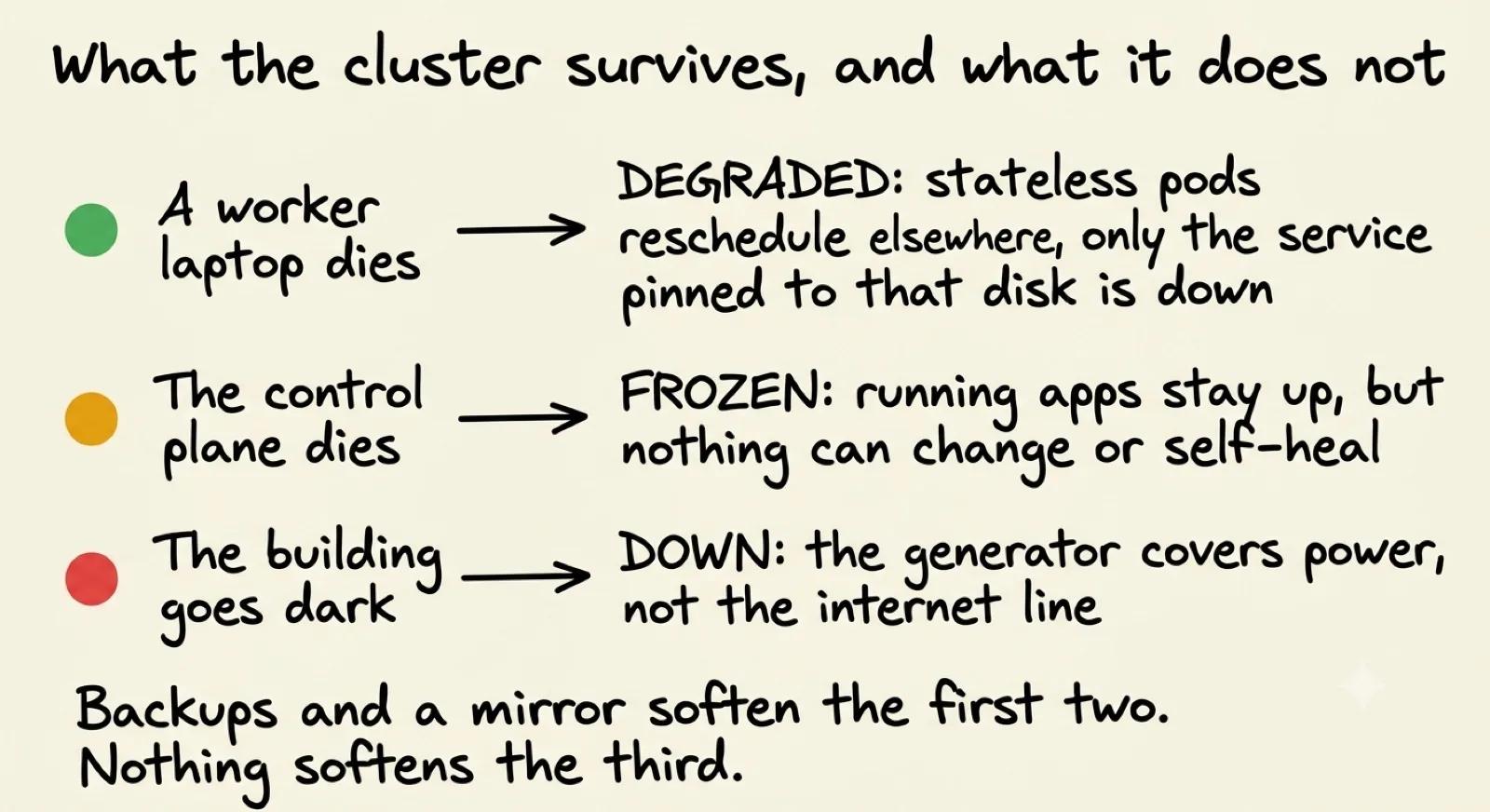 What the cluster survives: a dead worker is degraded, a dead control plane is frozen but still serving, and losing the building is simply down
