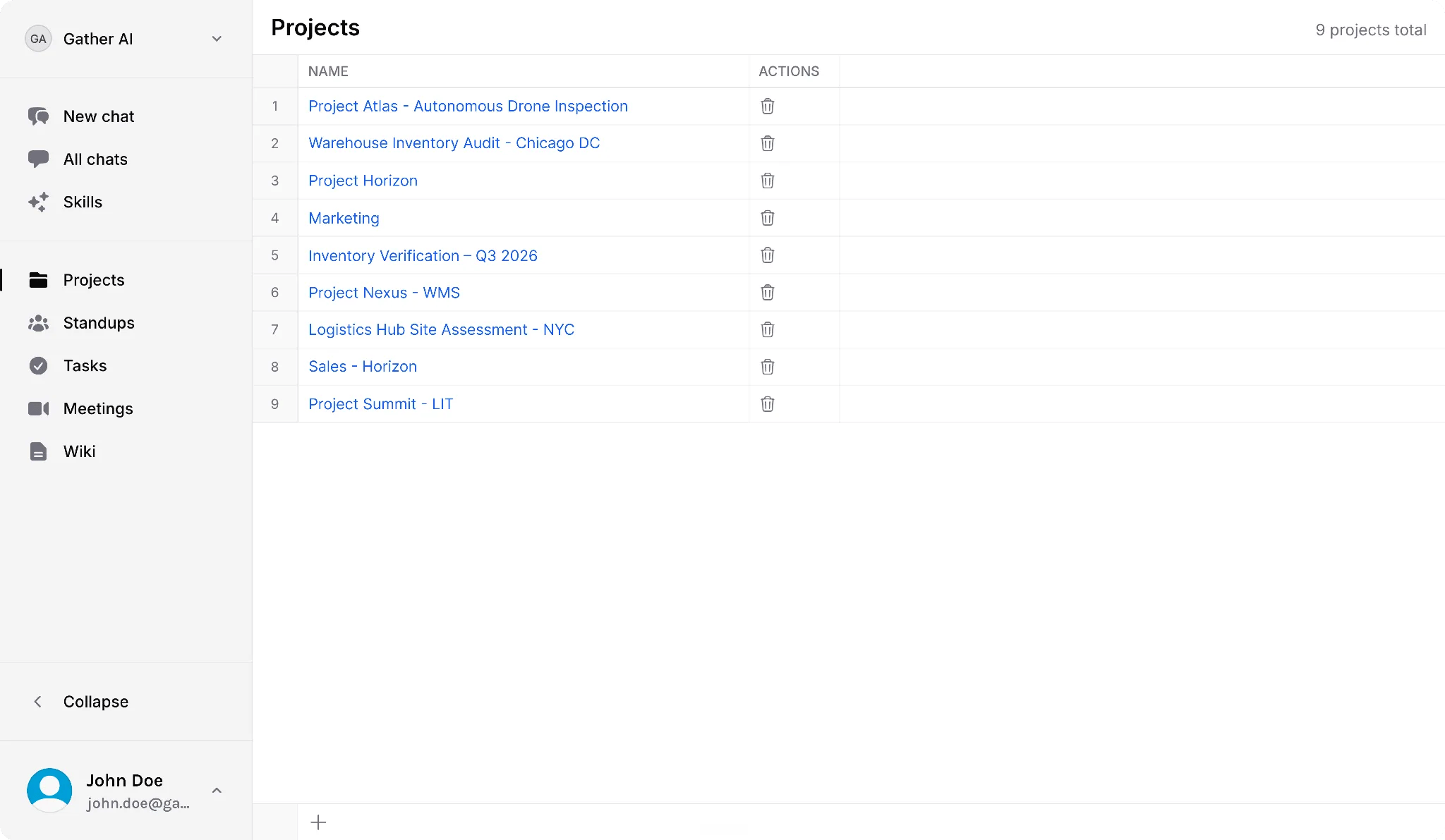 The Gather AI projects listing: a numbered table with labeled columns and a "+" at the bottom row to add a new project inline