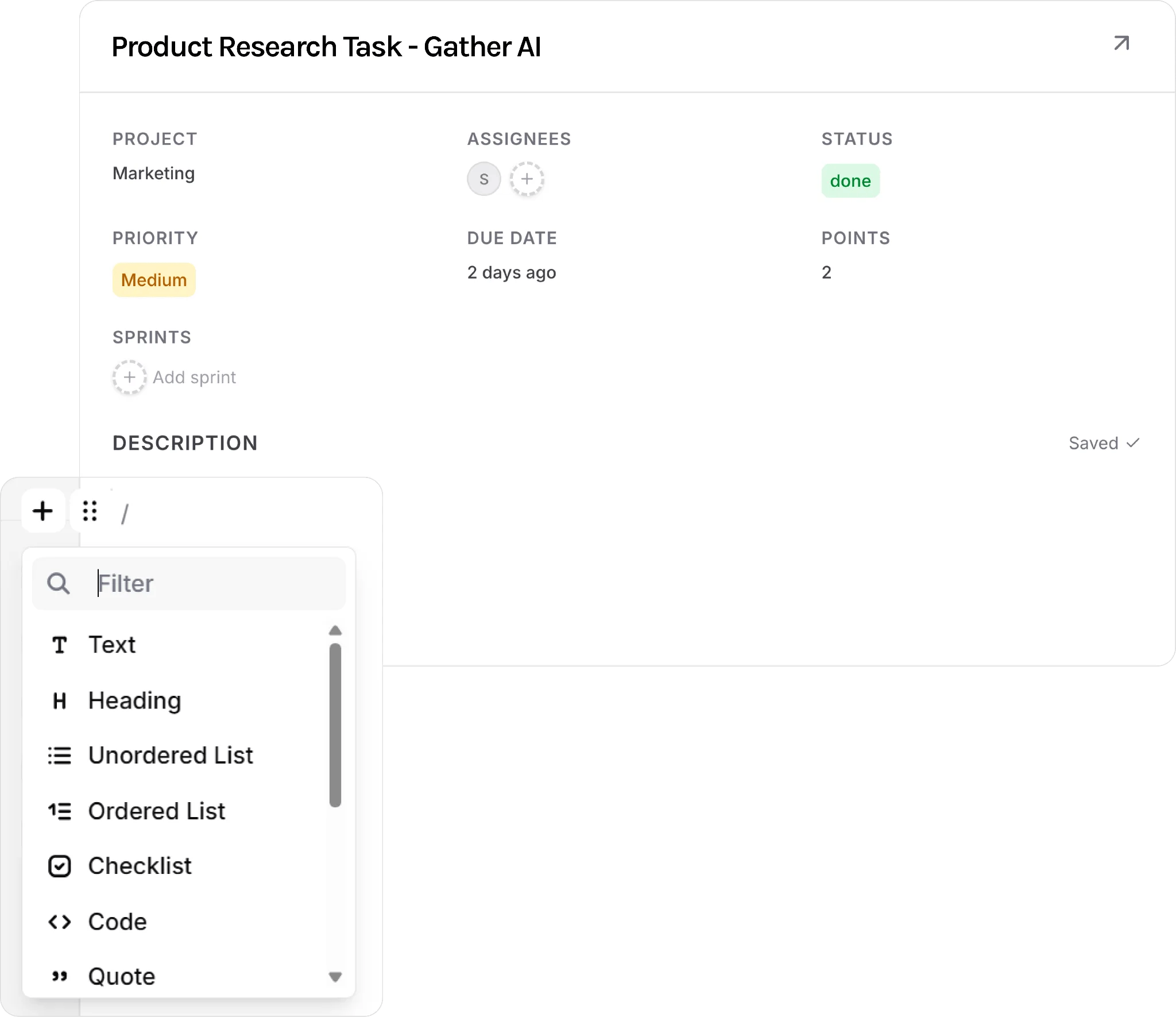 A Gather AI task page: project, assignees, status, priority, due date, points and sprints in the header, and a rich-text description below with a slash-command menu open