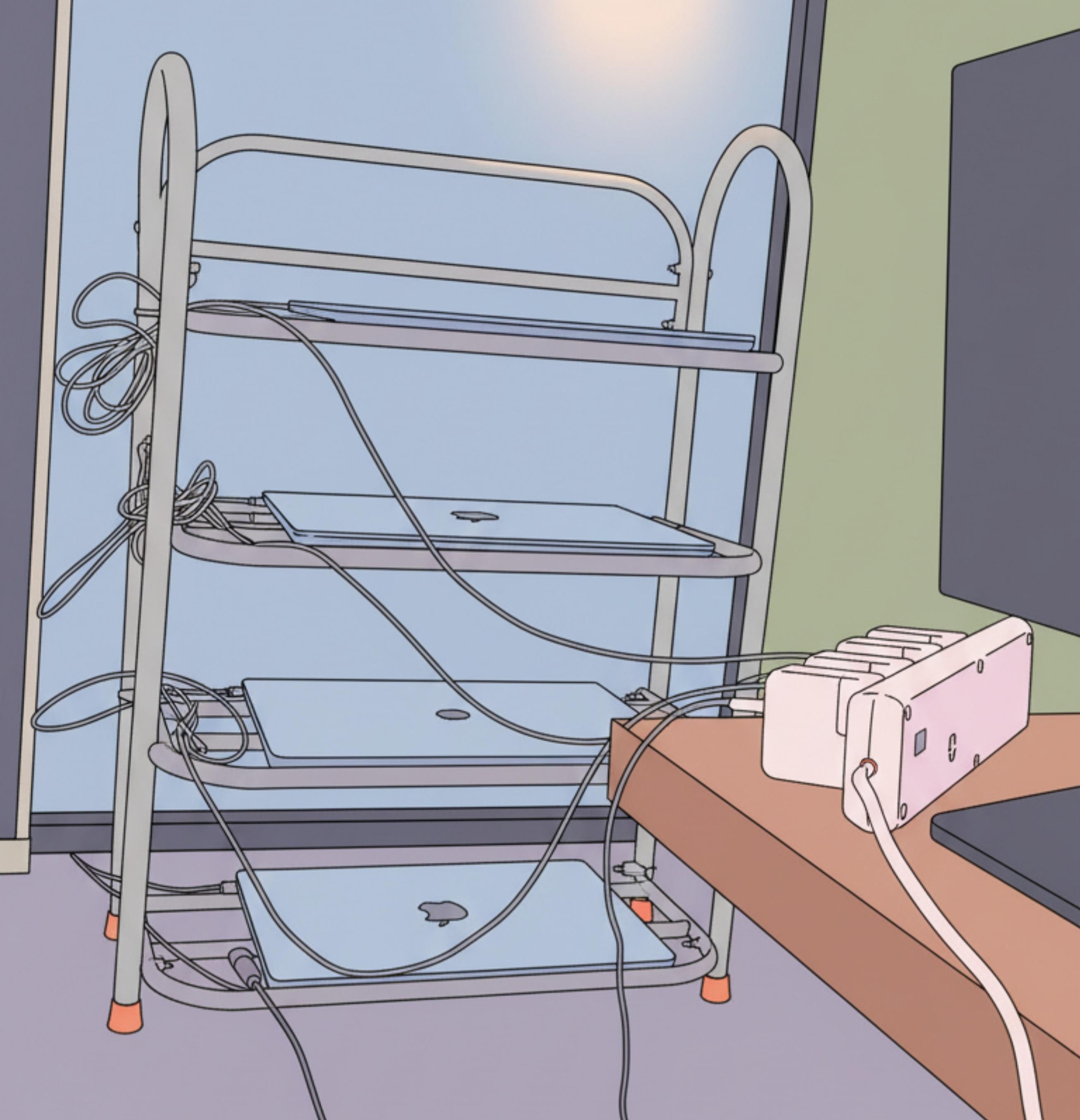 Four of the worker MacBooks on their shelf, lids closed, power and network cables running between them