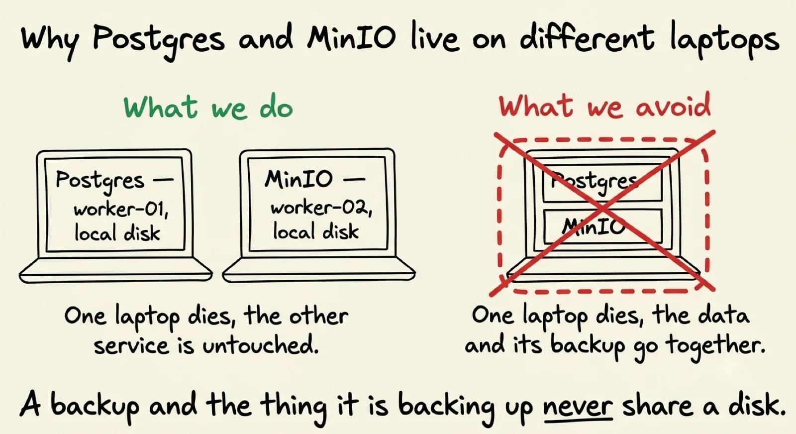 Postgres on worker-01 and MinIO on worker-02, each on its own local disk, versus the arrangement we avoid: both on a single laptop, crossed out