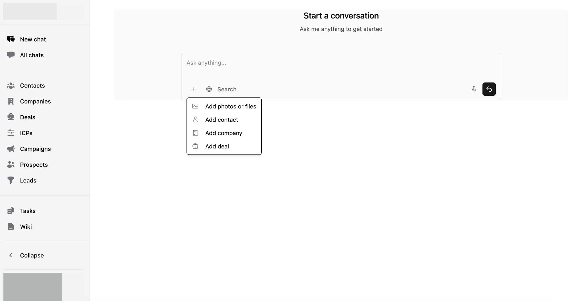 The Zuko chat with the "+" menu open, offering add photos or files, add contact, add company and add deal